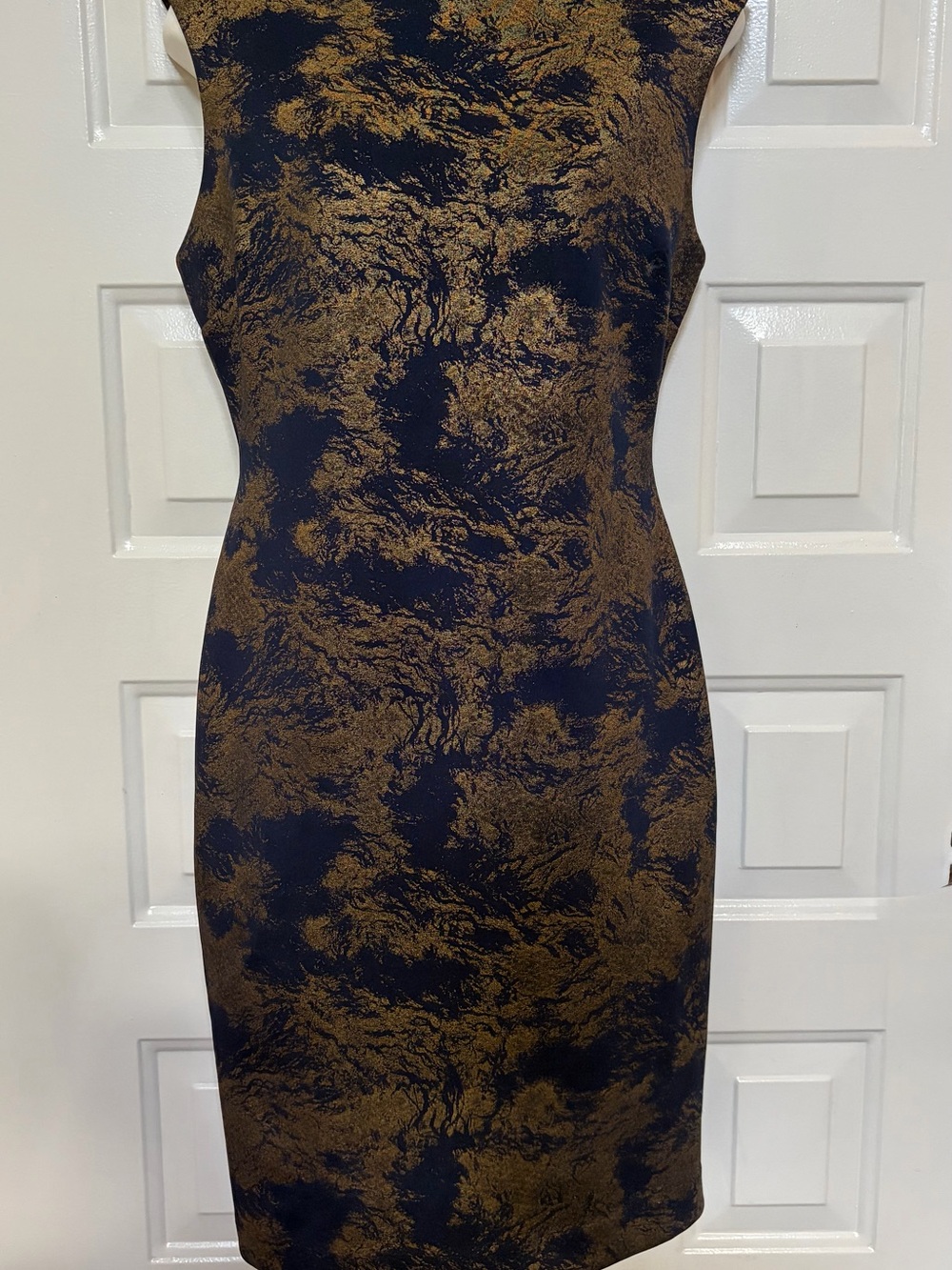 Philosophy Navy Blue And Gold Stretch Sheath Knee Length Dress Petite Large
NWOT